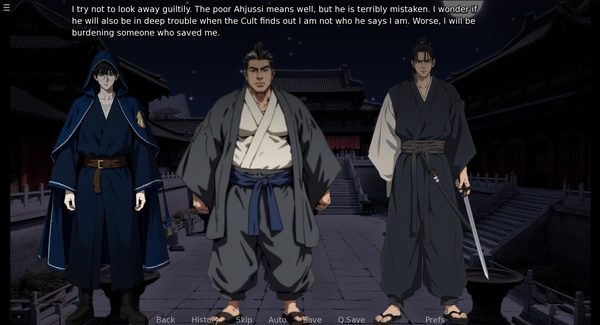Tanaka Makoto, Ahn Ju Shi and a sword-carrying man in a moonlit courtyard